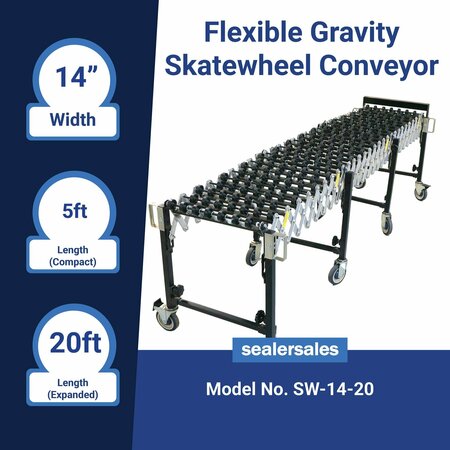 Sealer Sales Gravity Skate Wheel Conveyor:  14" wide, 5ft. Compacted to 20ft. Expanded, 6 Leg Sets SW-14-20